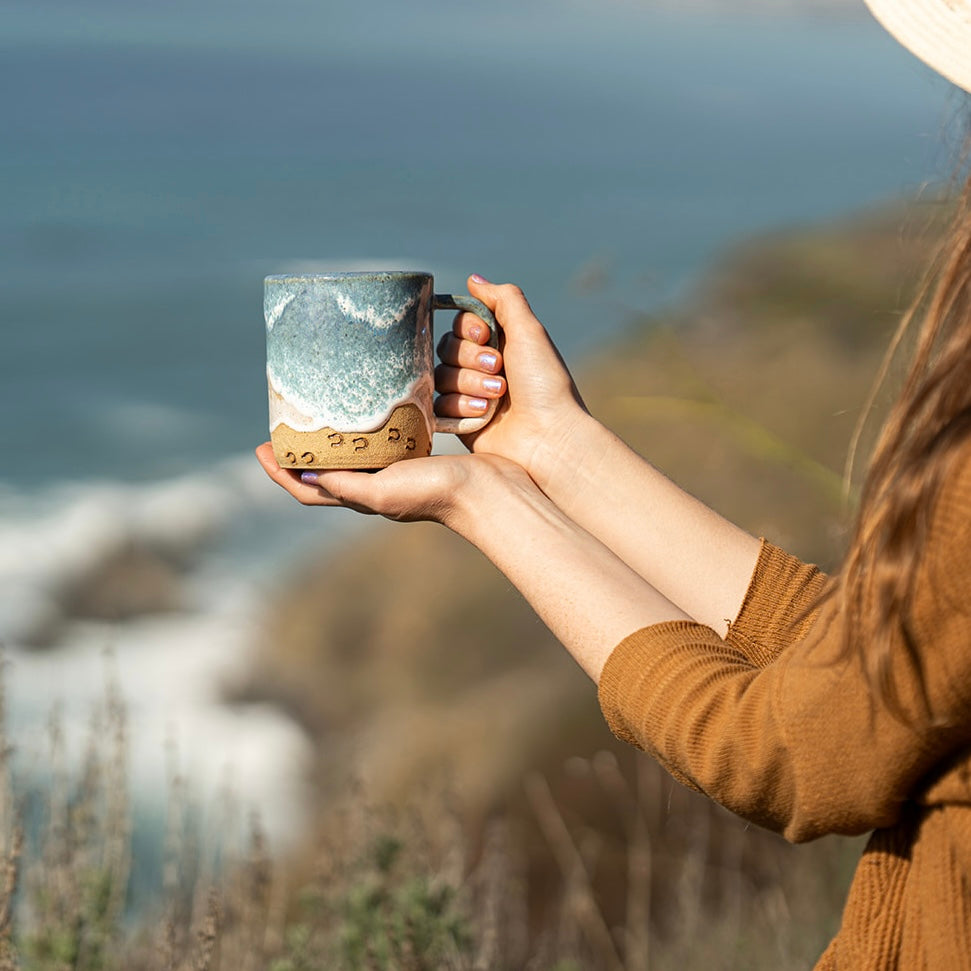 Handmade Horse Hoof Prints on the Beach Ceramic Mug: Ocean Shoreline Coffee/Tea Cup