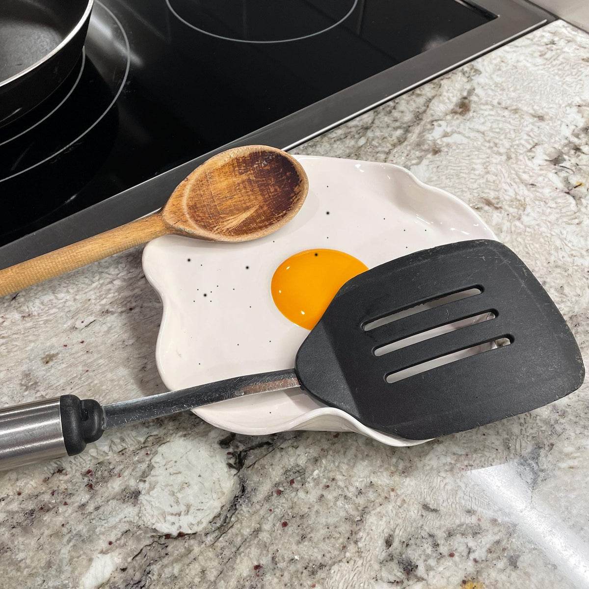 BIG Fried Egg Spoon Rest - Handmade Ceramic Kitchen Accessories (7.5” wide)