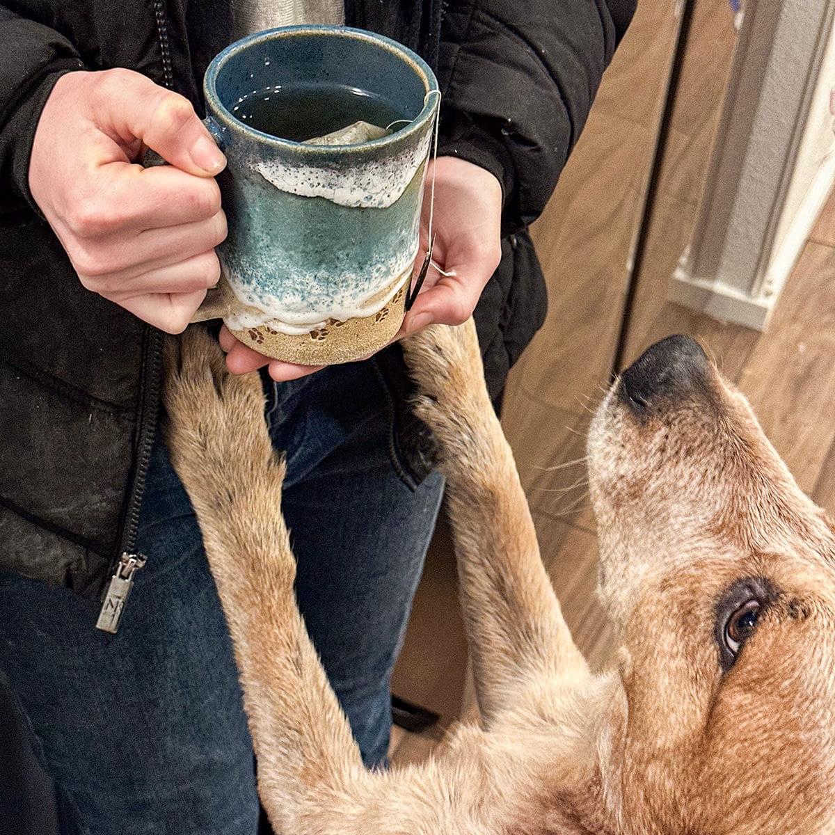 Handmade Paw Prints on the Beach Ceramic Mug: Ocean Shoreline Coffee/Tea Cup