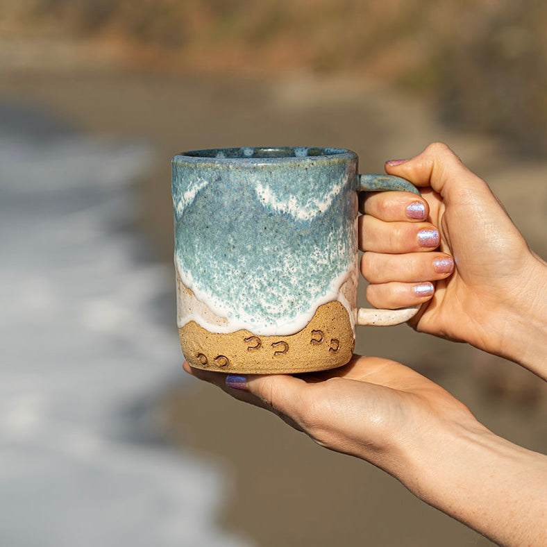 Handmade Horse Hoof Prints on the Beach Ceramic Mug: Ocean Shoreline Coffee/Tea Cup