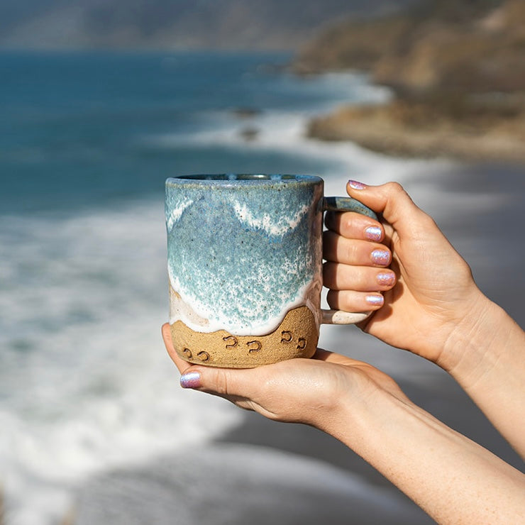 Handmade Horse Hoof Prints on the Beach Ceramic Mug: Ocean Shoreline Coffee/Tea Cup