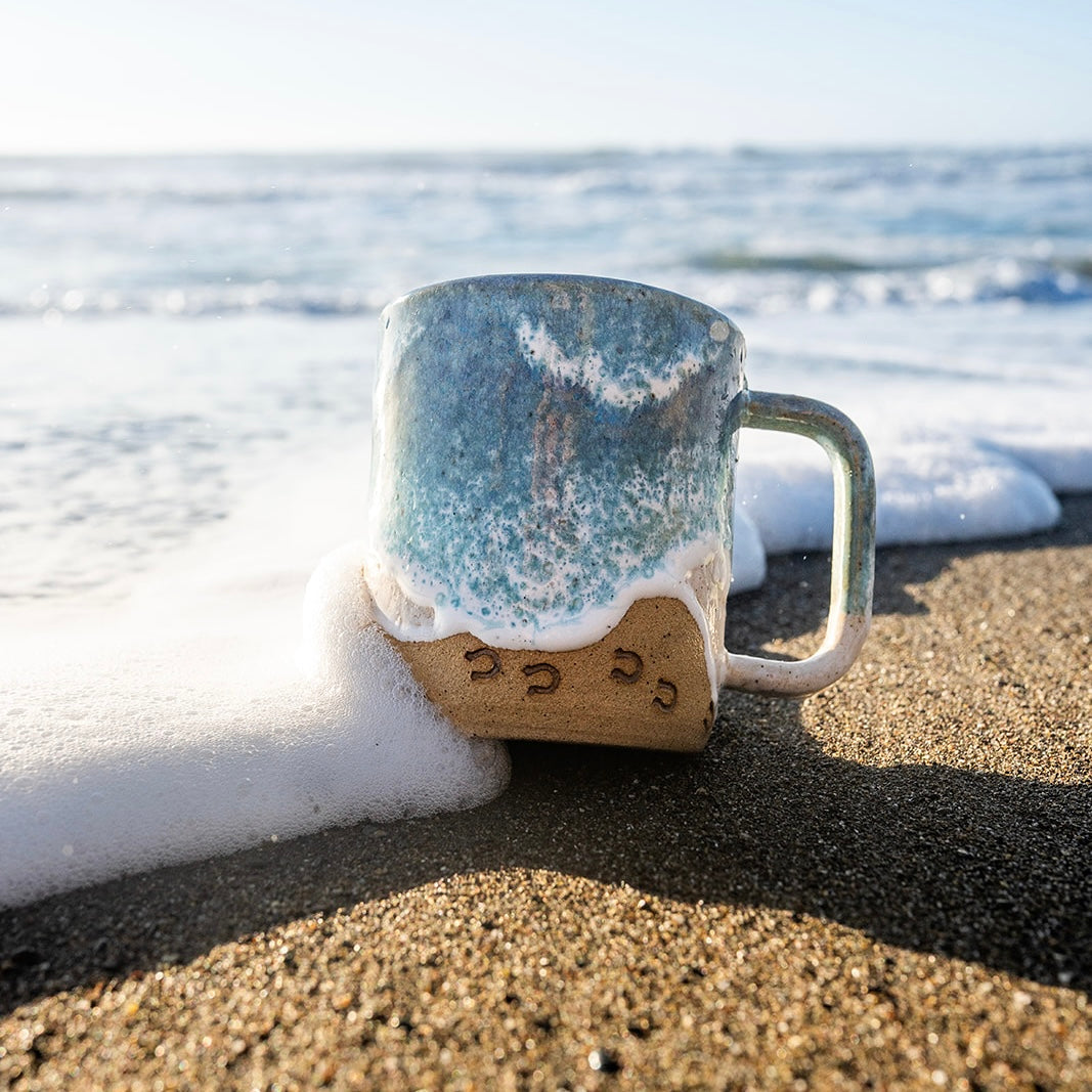 Handmade Horse Hoof Prints on the Beach Ceramic Mug: Ocean Shoreline Coffee/Tea Cup