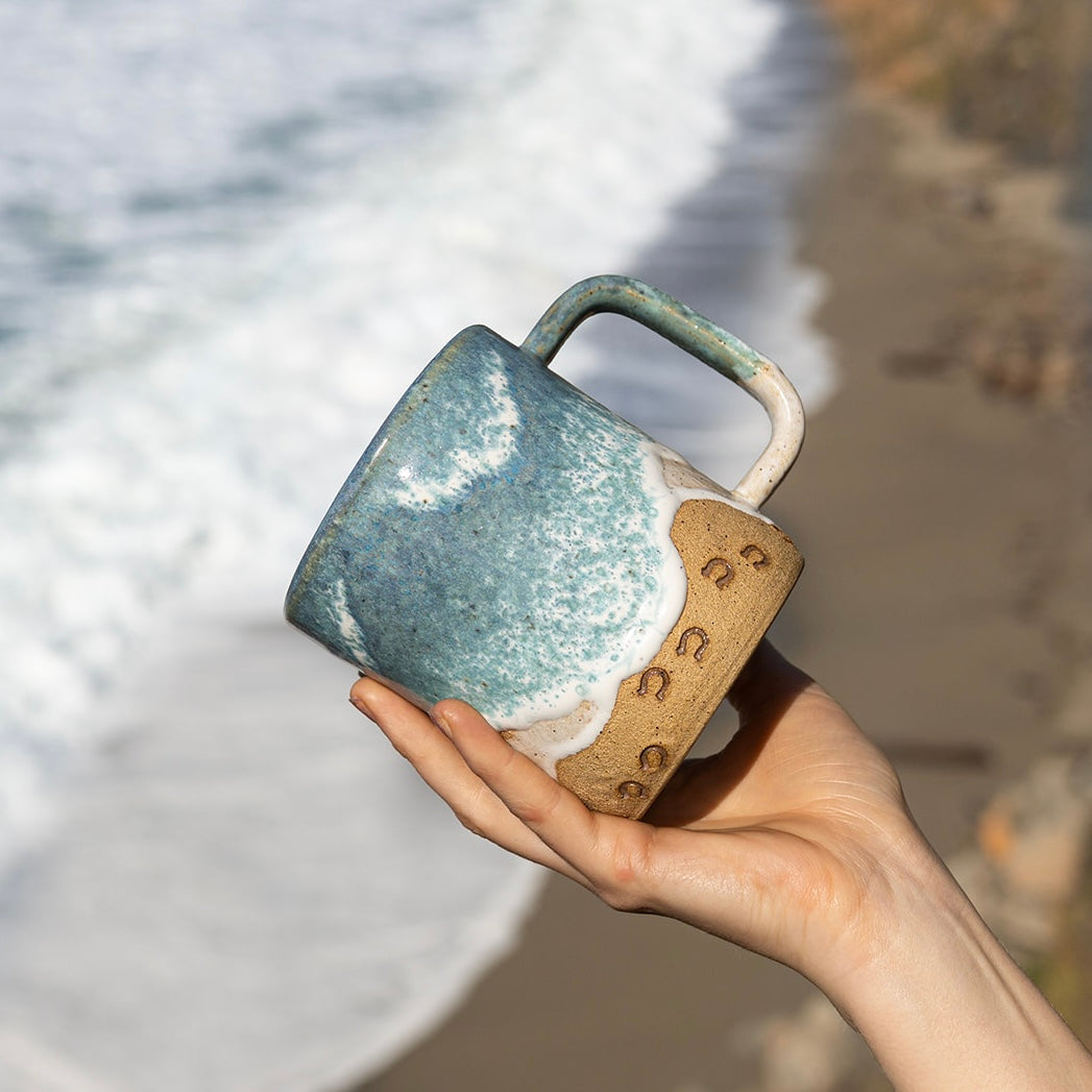 Handmade Horse Hoof Prints on the Beach Ceramic Mug: Ocean Shoreline Coffee/Tea Cup