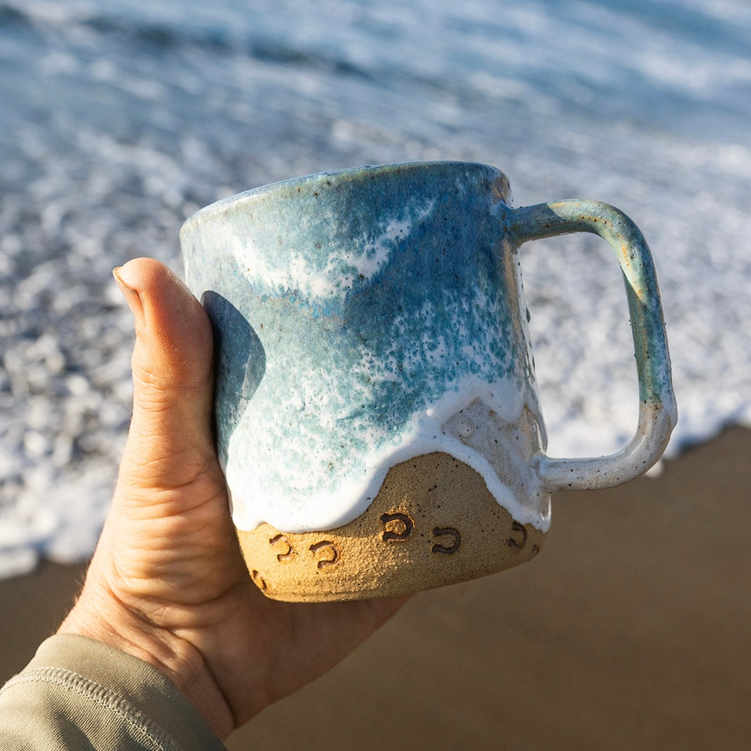 Handmade Horse Hoof Prints on the Beach Ceramic Mug: Ocean Shoreline Coffee/Tea Cup