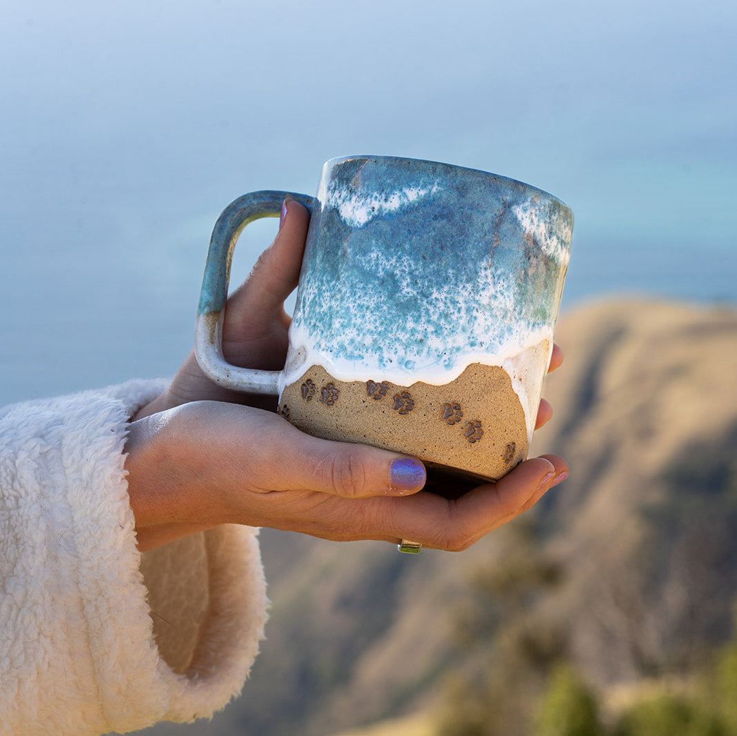 Paw Print Ocean Shoreline Mug - Handmade Ceramic Coffee & Tea Cup