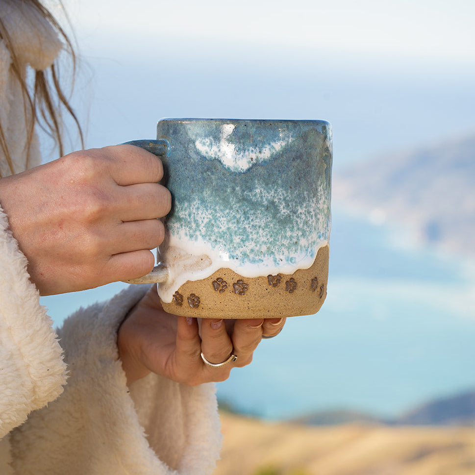 Paw Print Ocean Shoreline Mug - Handmade Ceramic Coffee & Tea Cup