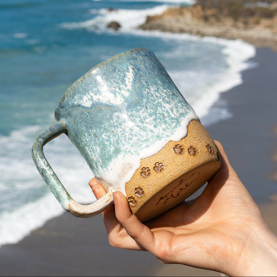 Paw Print Ocean Shoreline Mug - Handmade Ceramic Coffee & Tea Cup
