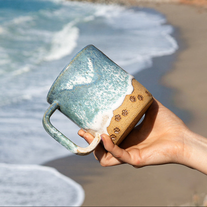 Paw Print Ocean Shoreline Mug - Handmade Ceramic Coffee & Tea Cup