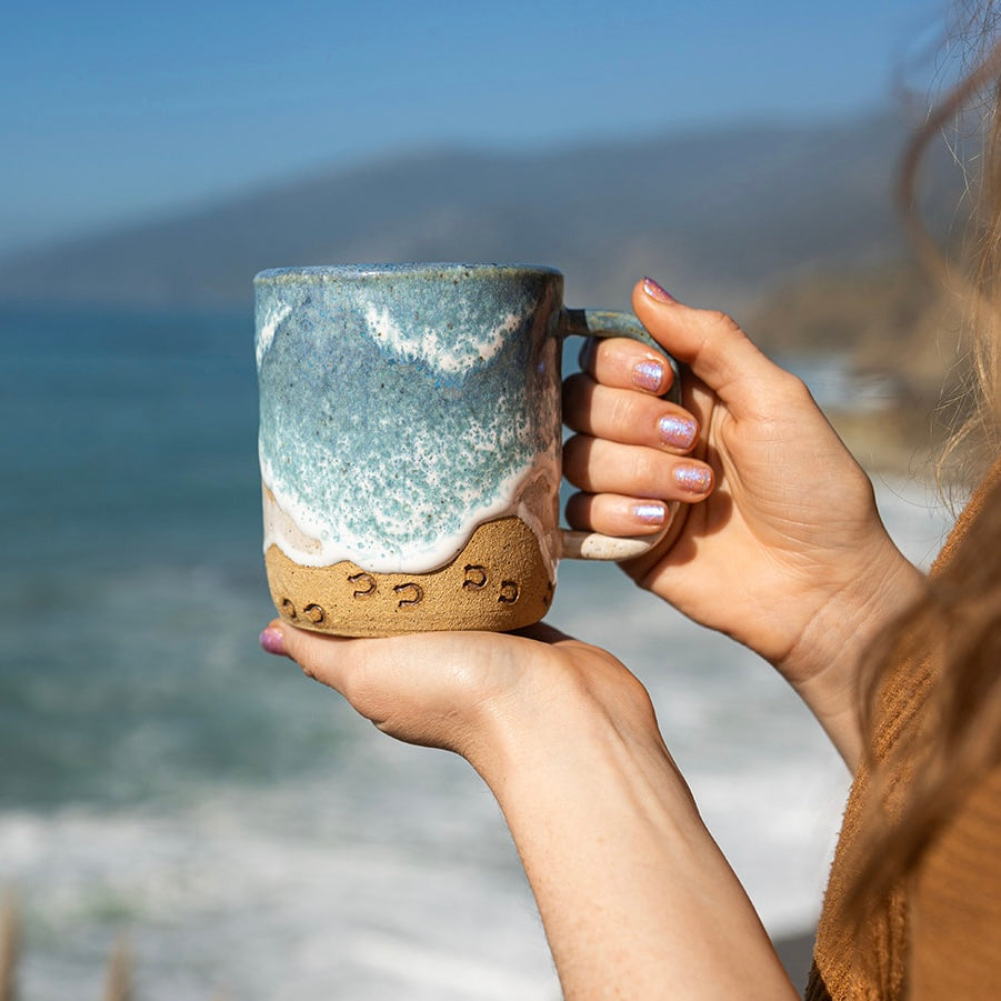 Handmade Horse Hoof Prints on the Beach Ceramic Mug: Ocean Shoreline Coffee/Tea Cup