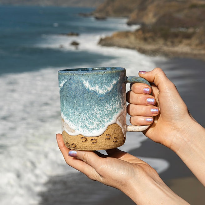 Handmade Horse Hoof Prints on the Beach Ceramic Mug: Ocean Shoreline Coffee/Tea Cup