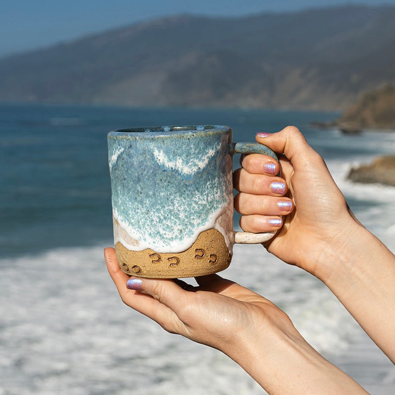 Handmade Horse Hoof Prints on the Beach Ceramic Mug: Ocean Shoreline Coffee/Tea Cup
