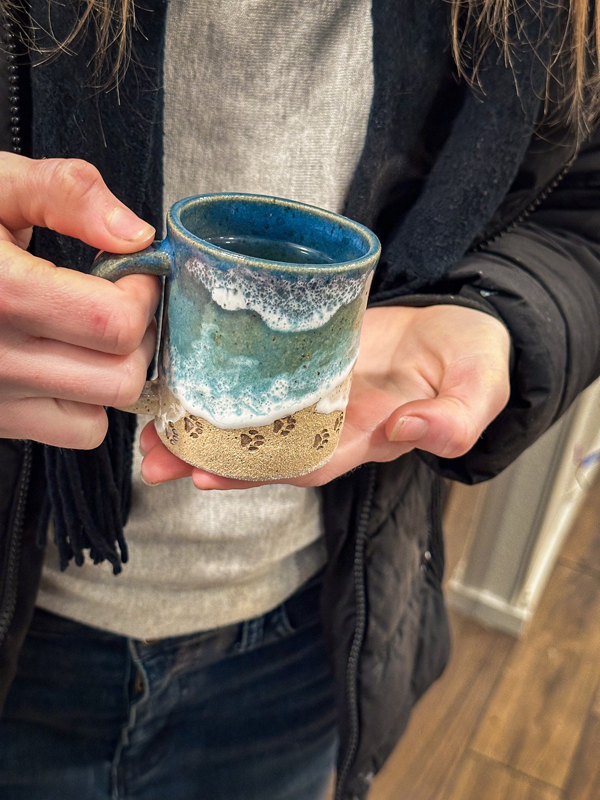 Paw Print Ocean Shoreline Mug - Handmade Ceramic Coffee & Tea Cup