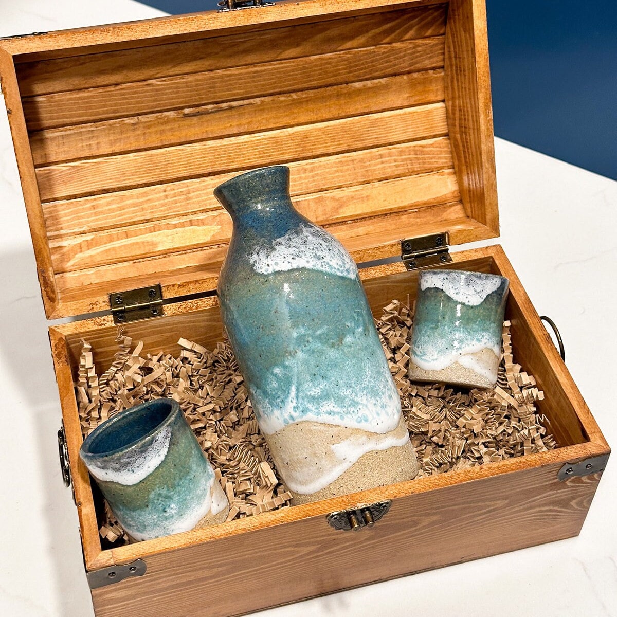 Ocean Shoreline Sake Set - Handmade, Handglazed Ceramic 5 Piece Set in a Treasure Box!