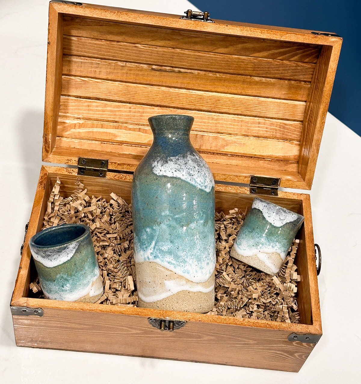 Ocean Shoreline Sake Set - Handmade, Handglazed Ceramic 5 Piece Set in a Treasure Box!