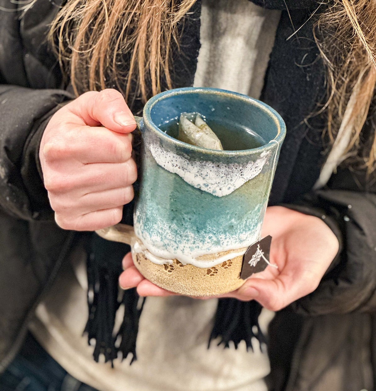 Paw Print Ocean Shoreline Mug - Handmade Ceramic Coffee & Tea Cup