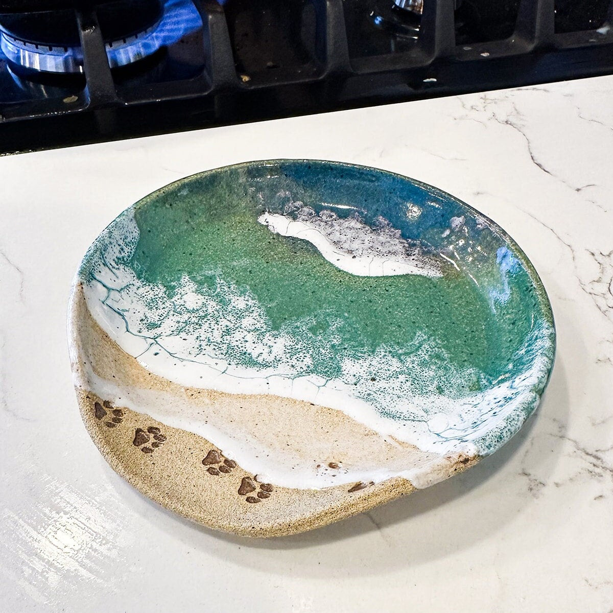 Paw Print Ocean Shoreline Spoon Rest - Handmade Ceramic Kitchen Accessories