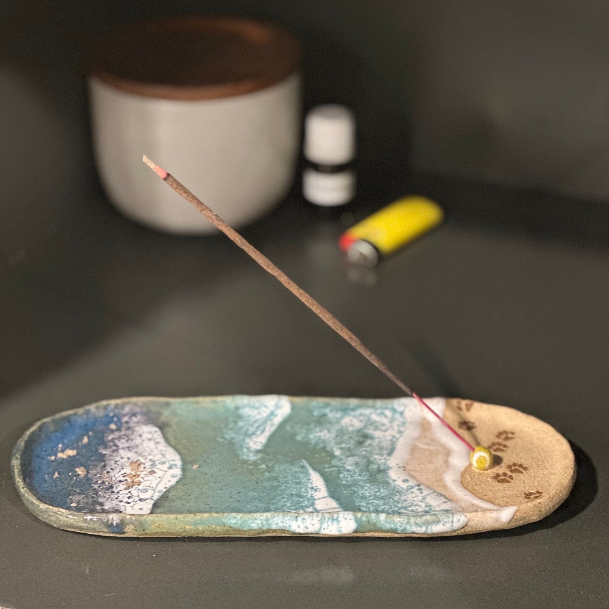 Paw Print Ocean Shoreline Incense Holder - Handmade Ceramic Home Decor for Meditaion & Relaxation