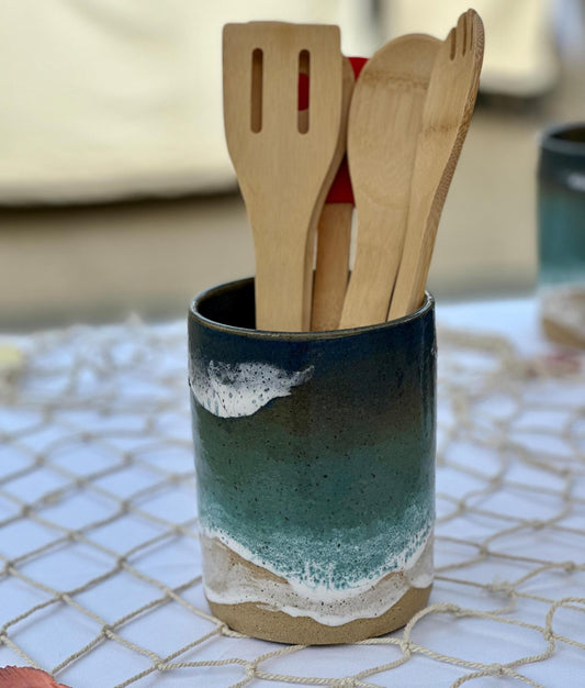 Ocean Shoreline Utensil Holder - Handmade Ceramic Kitchen Accessories