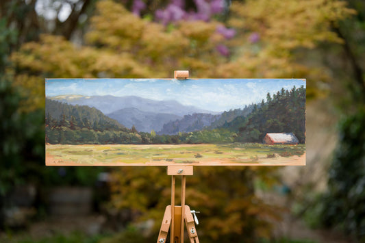 Overlapping Mountains and Barn Panoramic Oil Painting