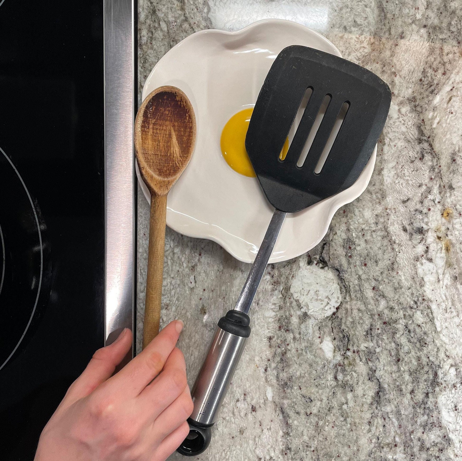 BIG Fried Egg Spoon Rest - Handmade Ceramic Kitchen Accessories (7” wide)