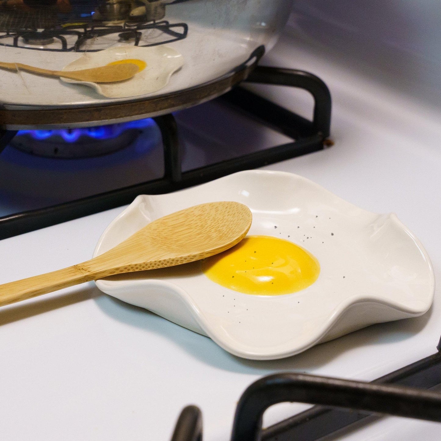 Fried Egg Spoon Rest - Handmade Ceramic Kitchen Accessories (5" wide)