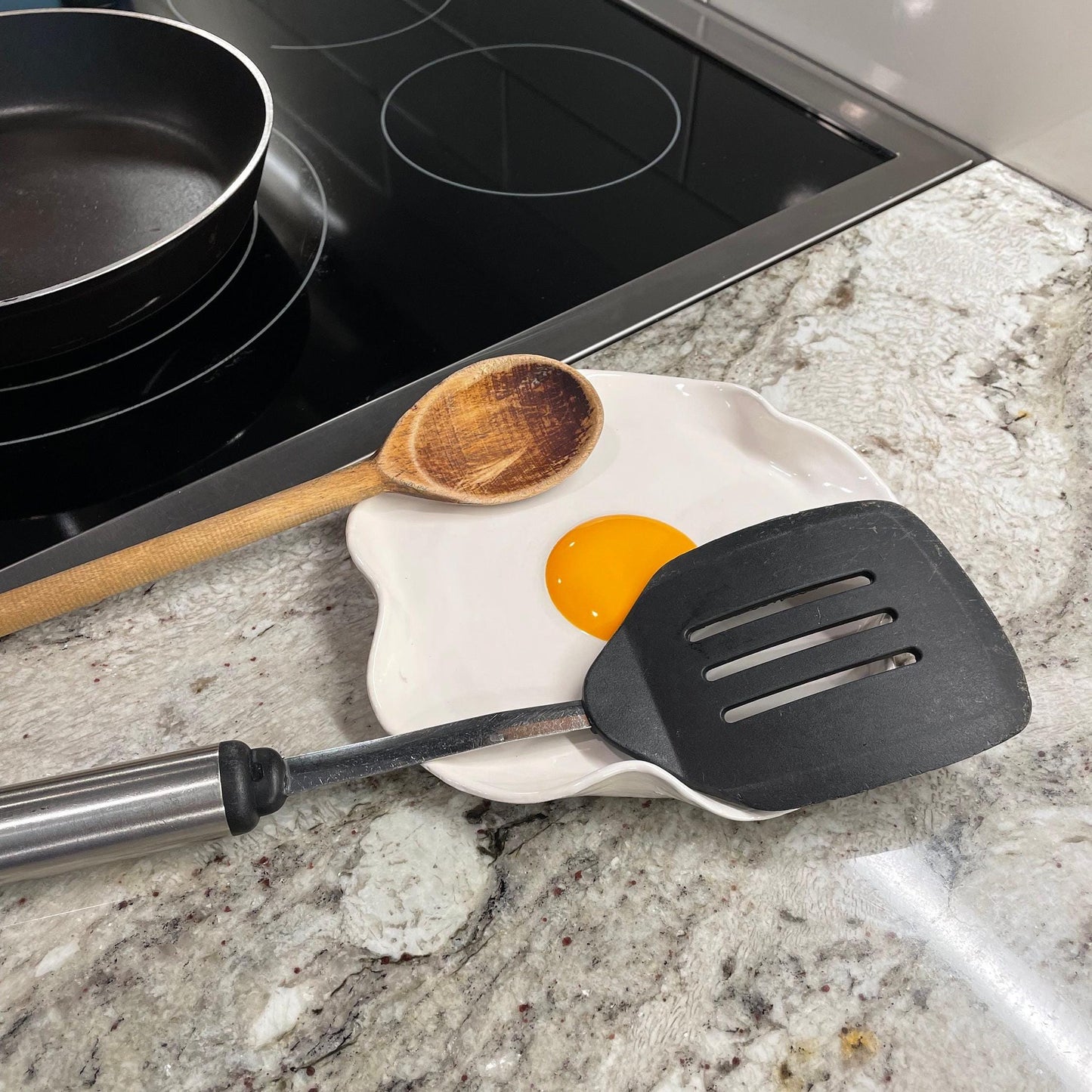 BIG Fried Egg Spoon Rest - Handmade Ceramic Kitchen Accessories (7” wide)