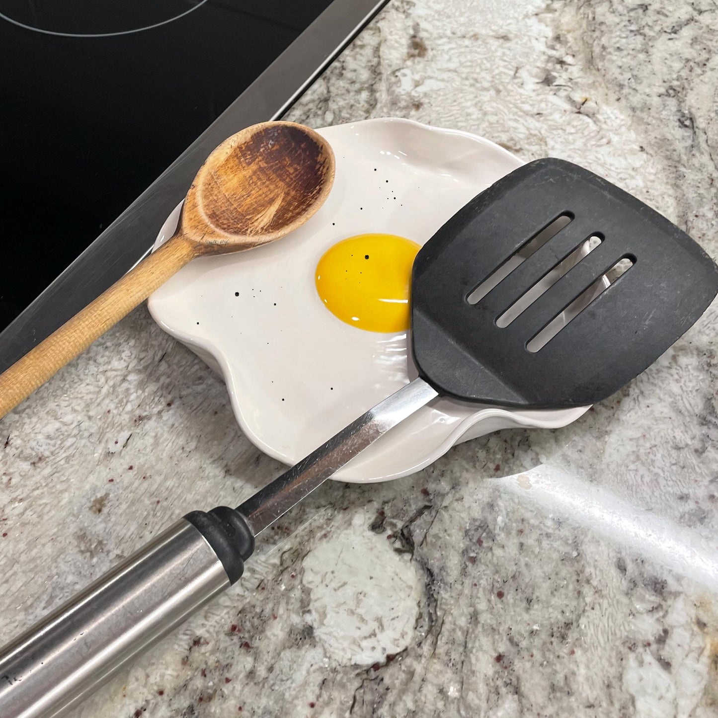 BIG Fried Egg Spoon Rest - Handmade Ceramic Kitchen Accessories (7” wide)