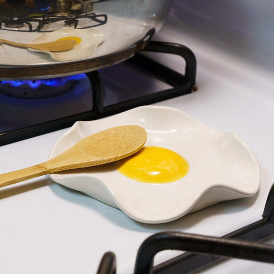 Fried Egg Spoon Rest - Handmade Ceramic Kitchen Accessories (5" wide)