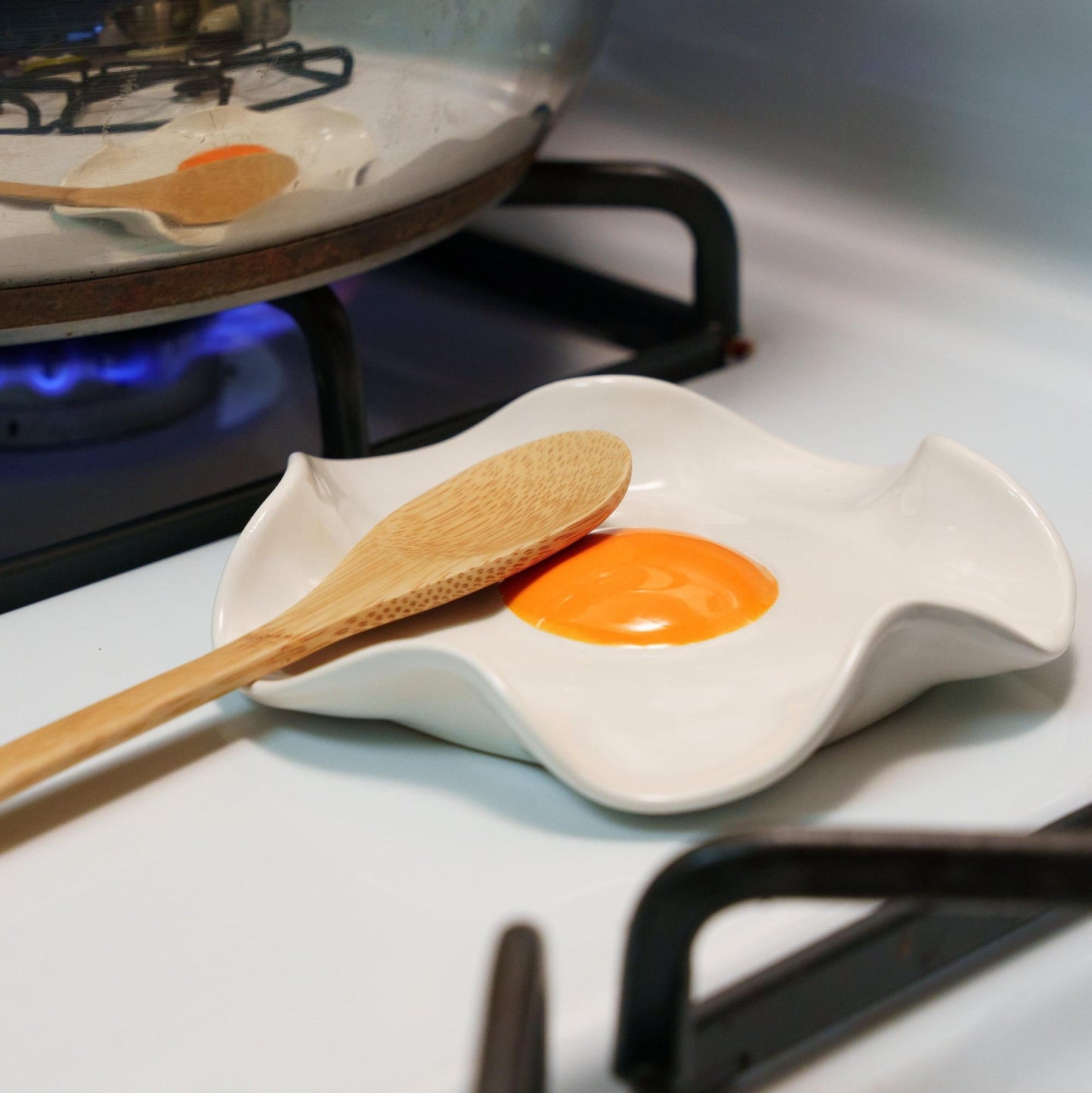 Fried Egg Spoon Rest - Handmade Ceramic Kitchen Accessories (5" wide)