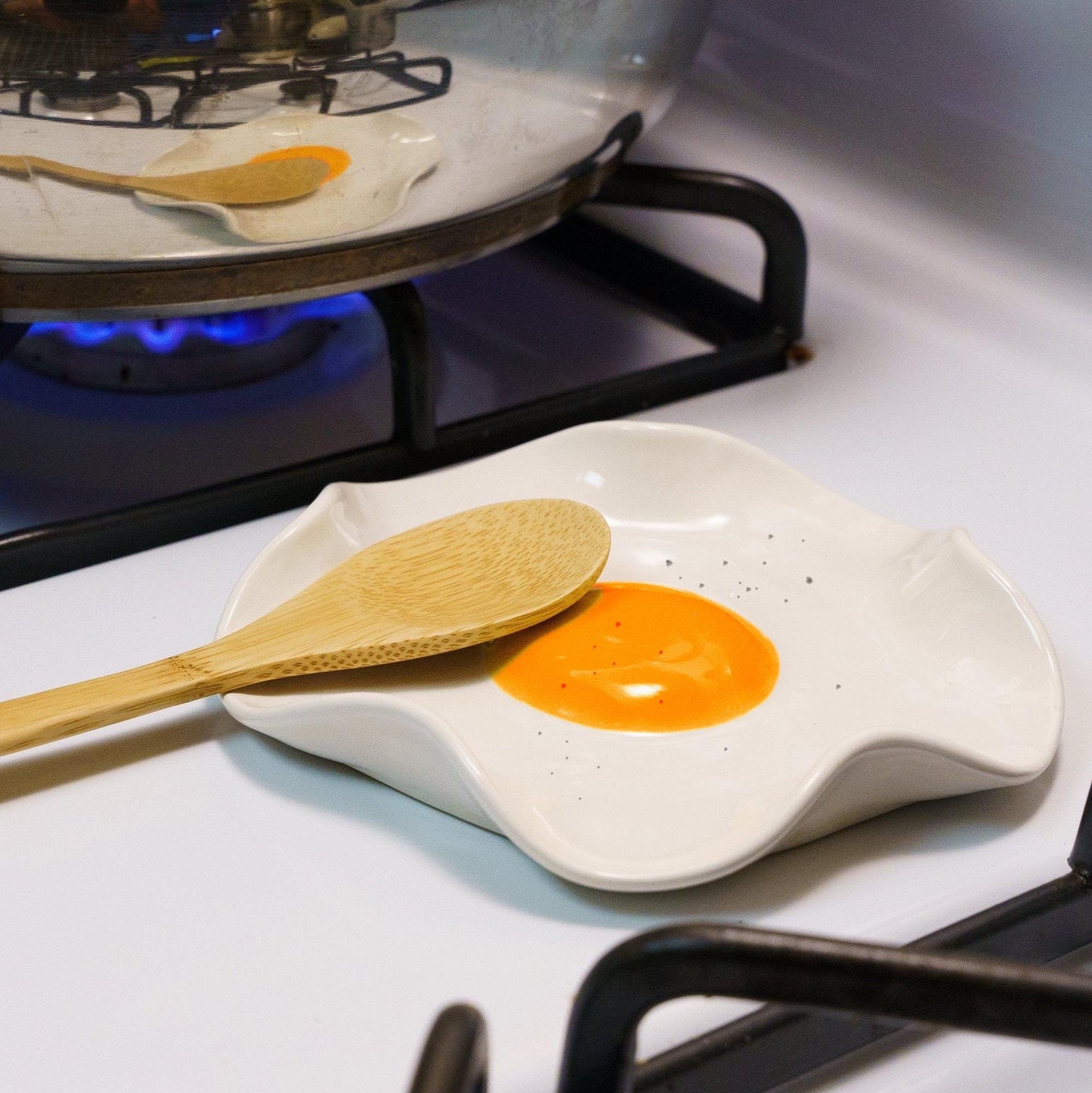 Fried Egg Spoon Rest - Handmade Ceramic Kitchen Accessories (5" wide)