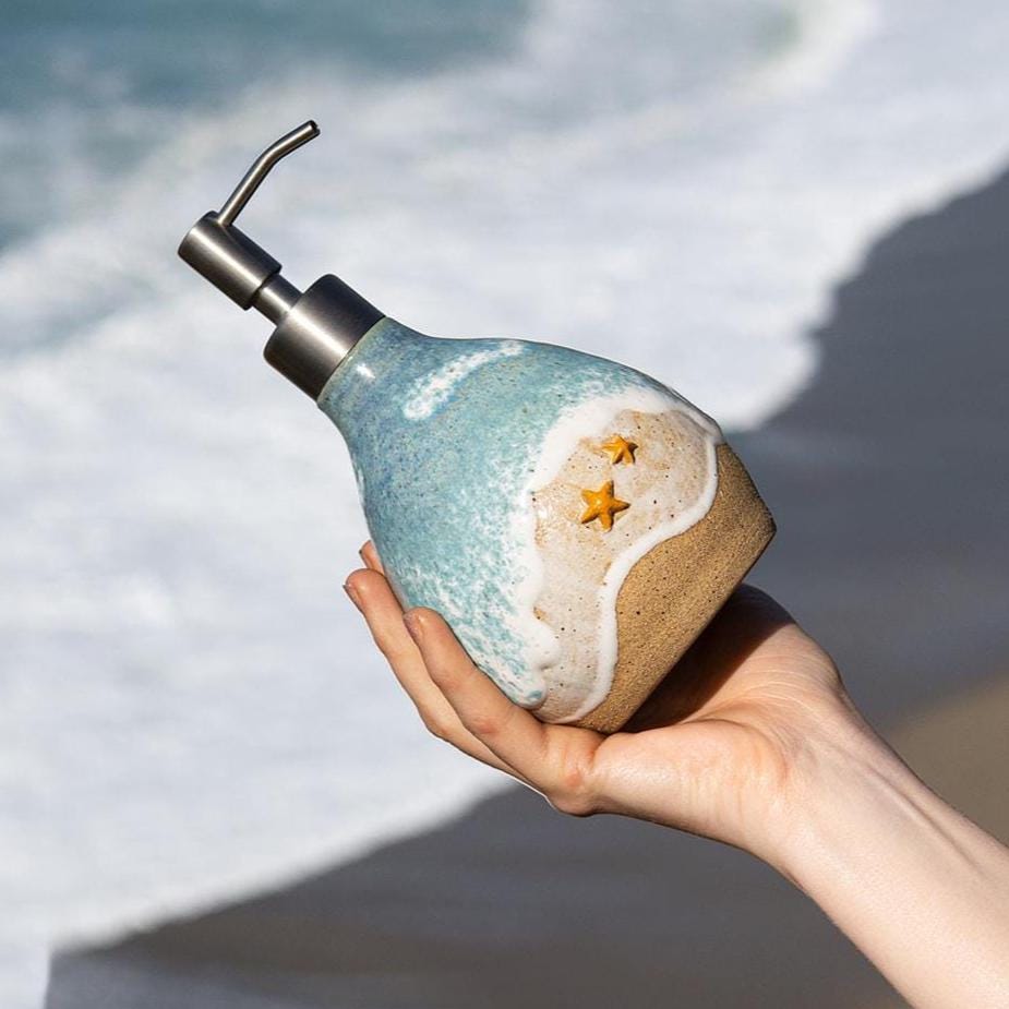 Starfish on the Beach Soap Dispenser - Handmade, Ceramic, Ocean Themed Kitchen/Bathroom Decor