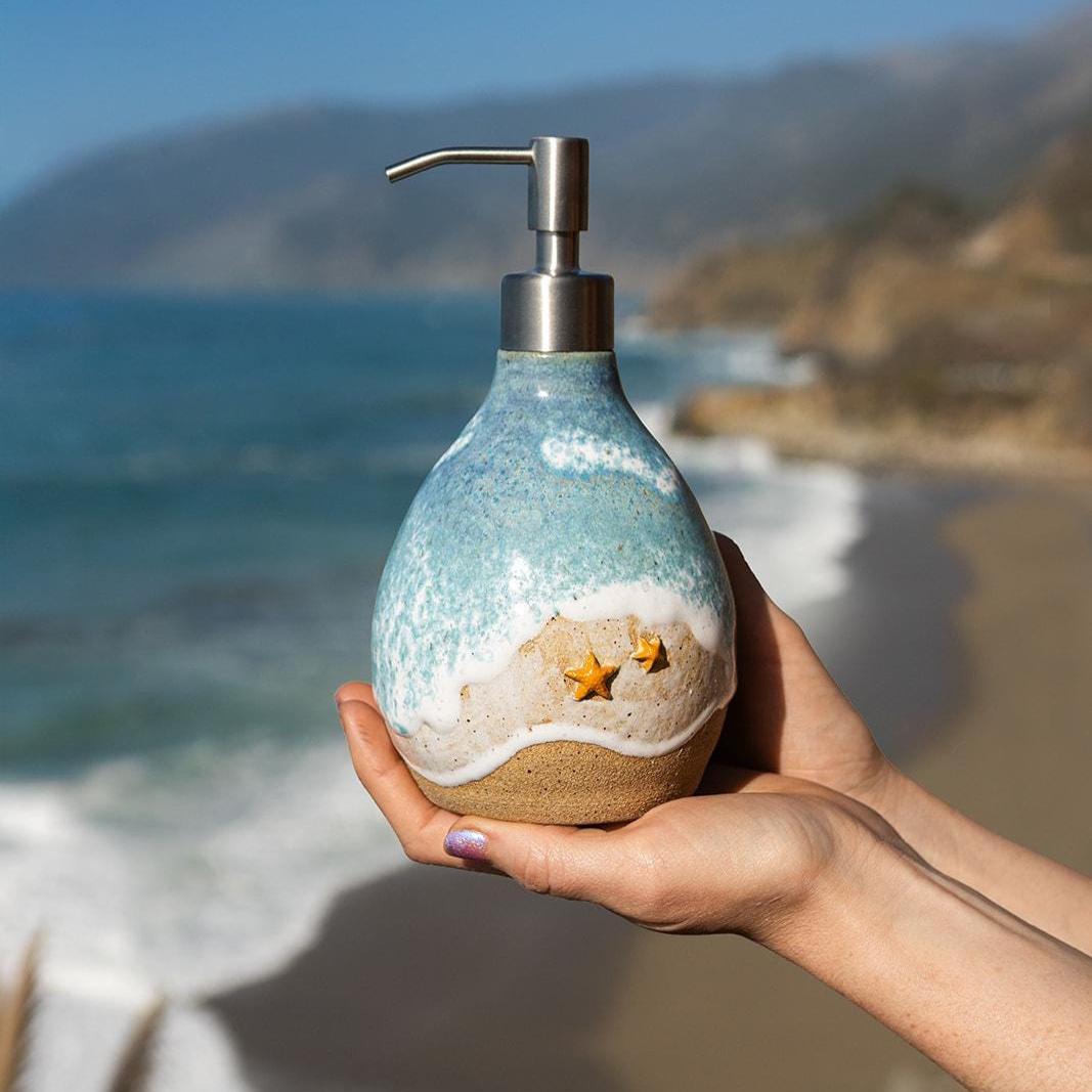 Starfish on the Beach Soap Dispenser - Handmade, Ceramic, Ocean Themed Kitchen/Bathroom Decor