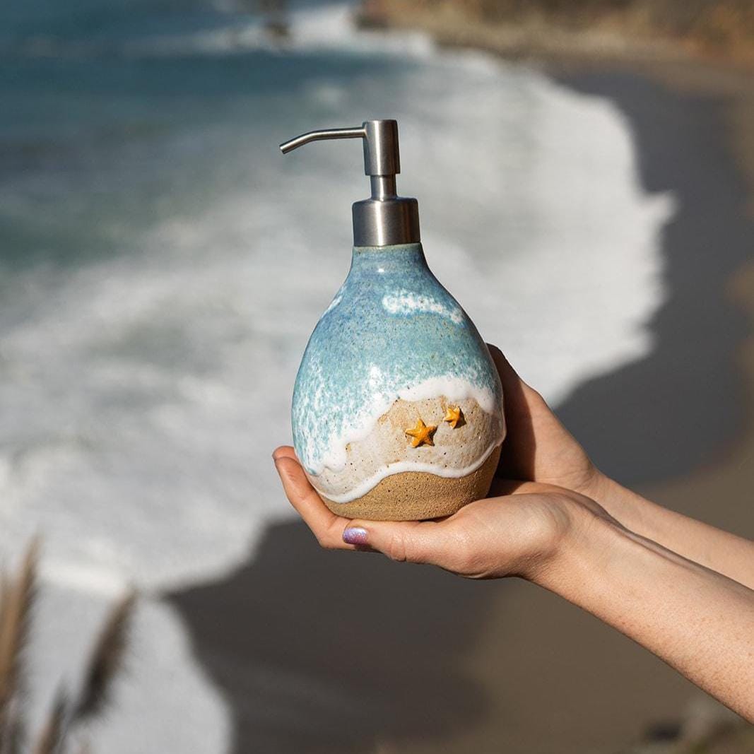 Starfish on the Beach Soap Dispenser - Handmade, Ceramic, Ocean Themed Kitchen/Bathroom Decor
