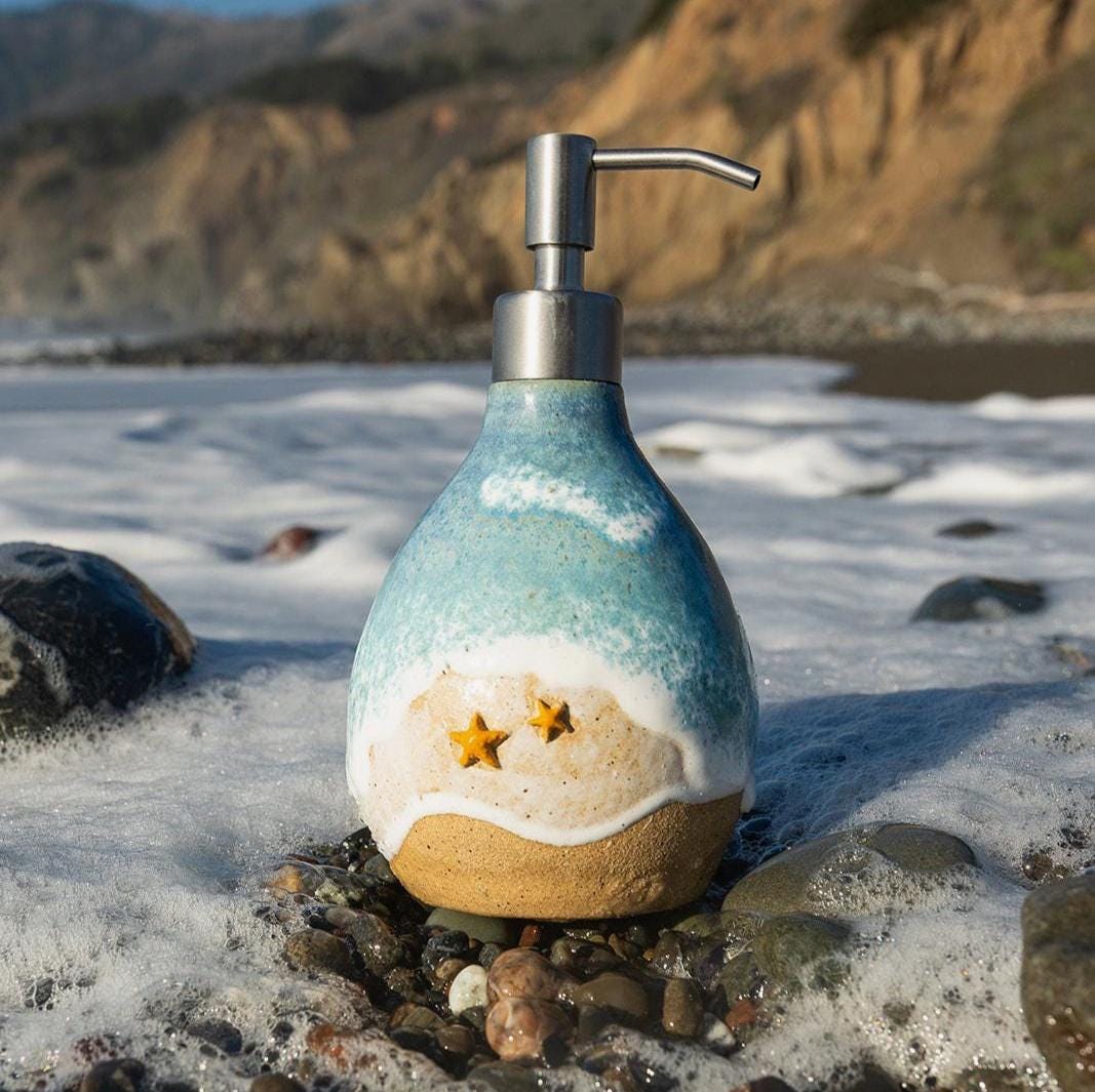 Starfish on the Beach Soap Dispenser - Handmade, Ceramic, Ocean Themed Kitchen/Bathroom Decor