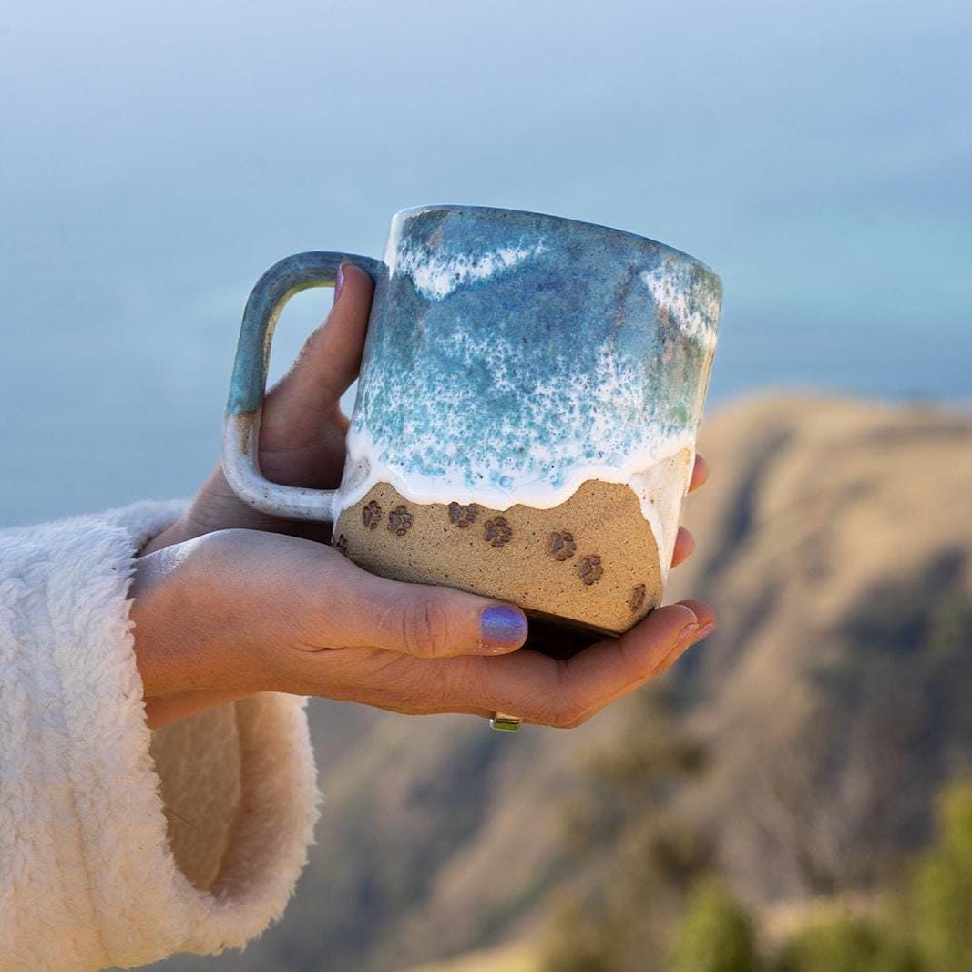 Paw Print Ocean Shoreline Mug - Handmade Ceramic Coffee & Tea Cup