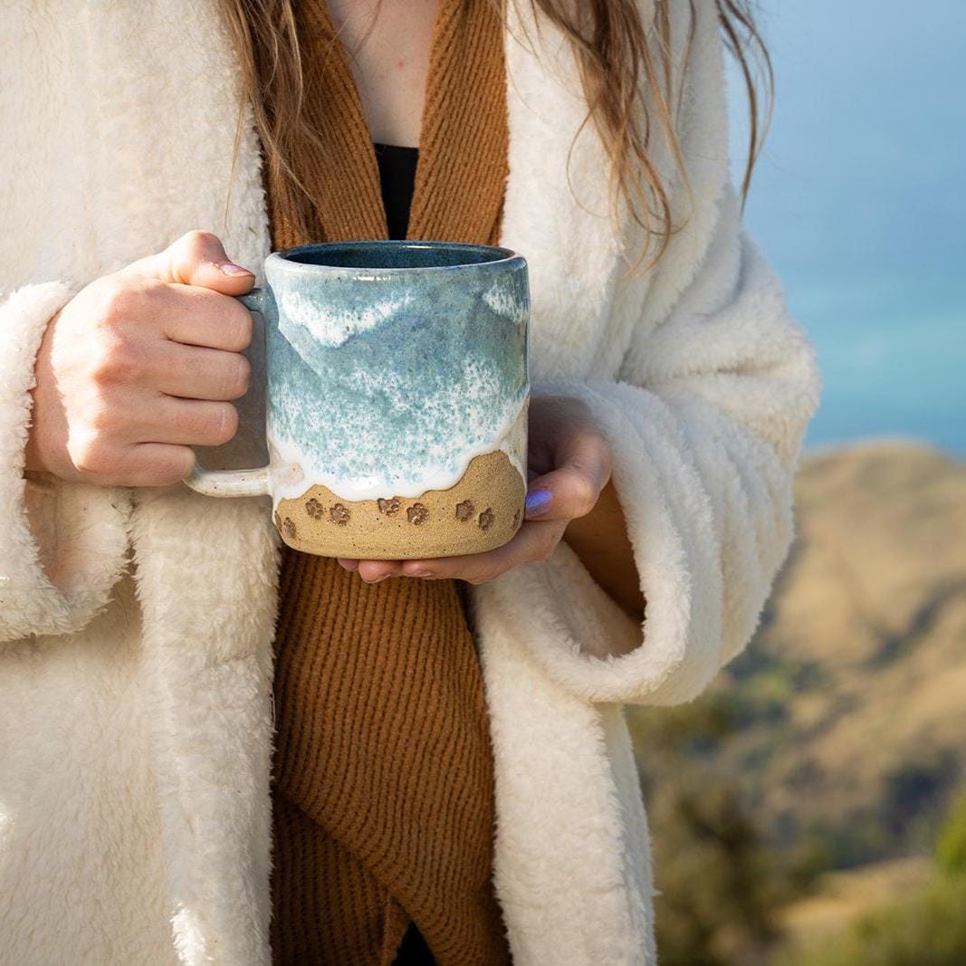 Paw Print Ocean Shoreline Mug - Handmade Ceramic Coffee & Tea Cup