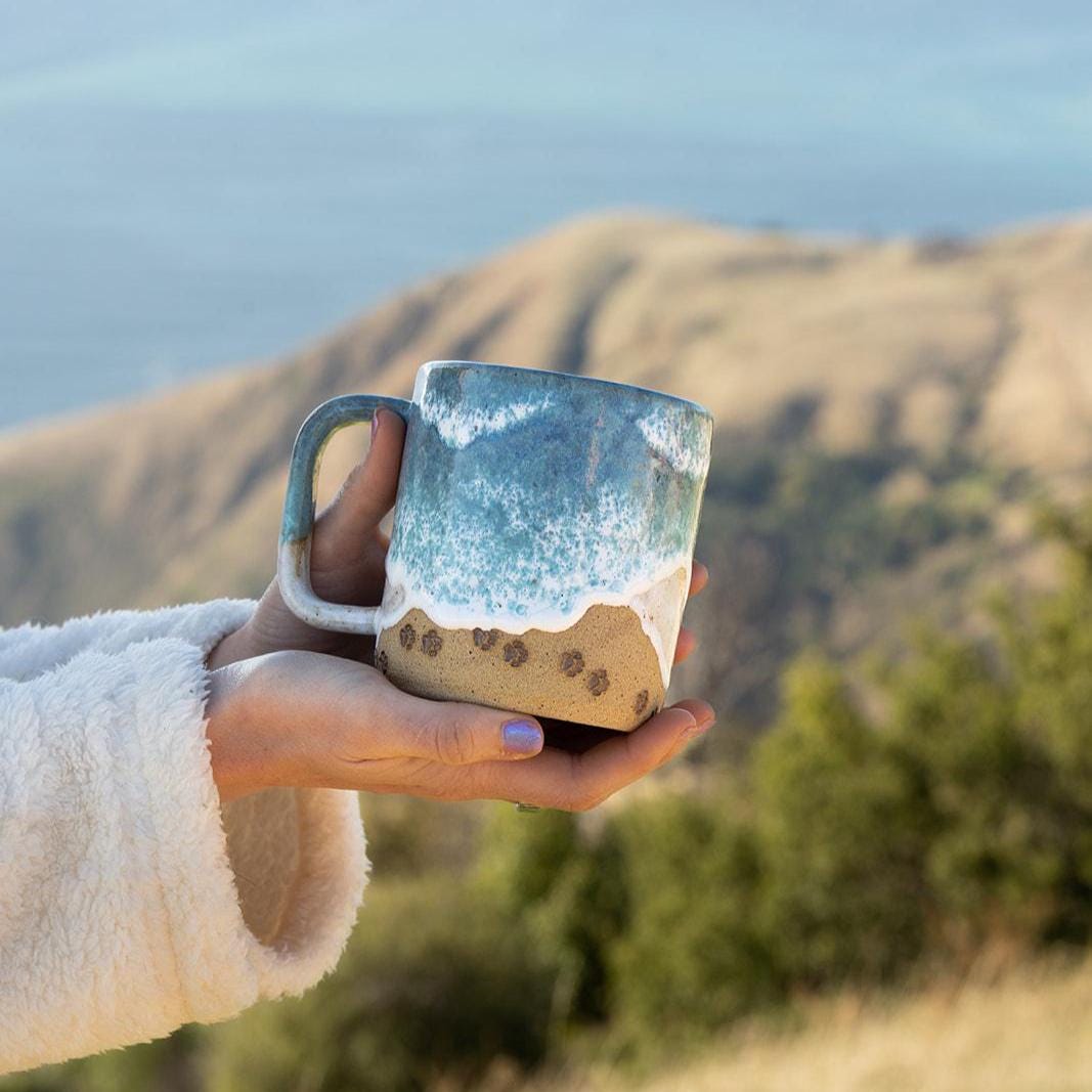 Paw Print Ocean Shoreline Mug - Handmade Ceramic Coffee & Tea Cup