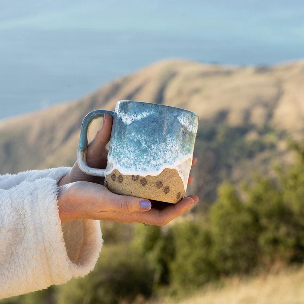 Handmade Paw Prints on the Beach Ceramic Mug: Ocean Shoreline Coffee/Tea Cup