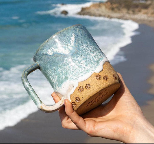 Paw Print Ocean Shoreline Mug - Handmade Ceramic Coffee & Tea Cup