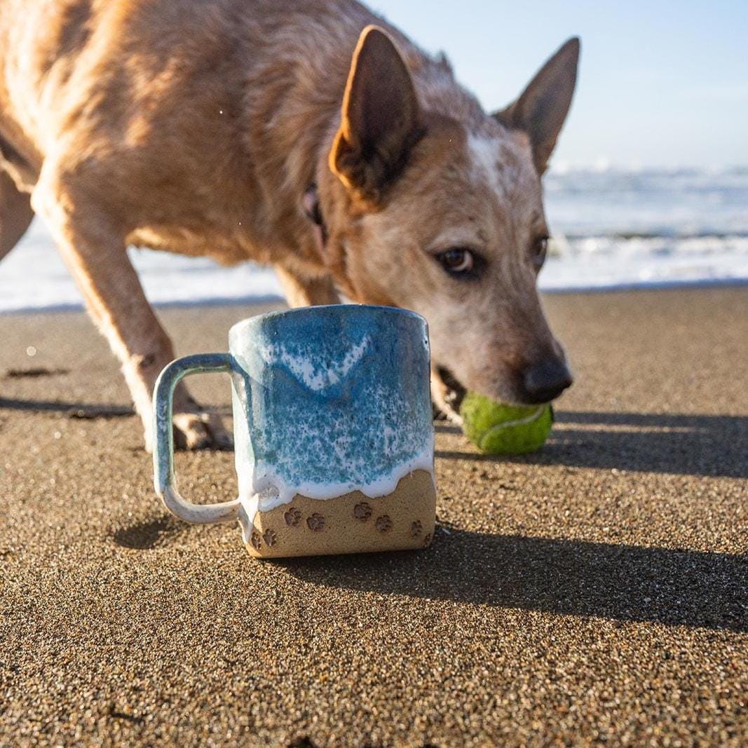 Paw Print Ocean Shoreline Mug - Handmade Ceramic Coffee & Tea Cup