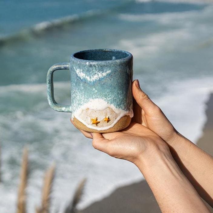 Starfish Ocean Shoreline Mug - Handmade Beach Themed Ceramic Coffee/Tea Cup