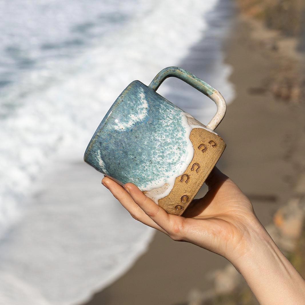 Handmade Horse Hoof Prints on the Beach Ceramic Mug: Ocean Shoreline Coffee/Tea Cup