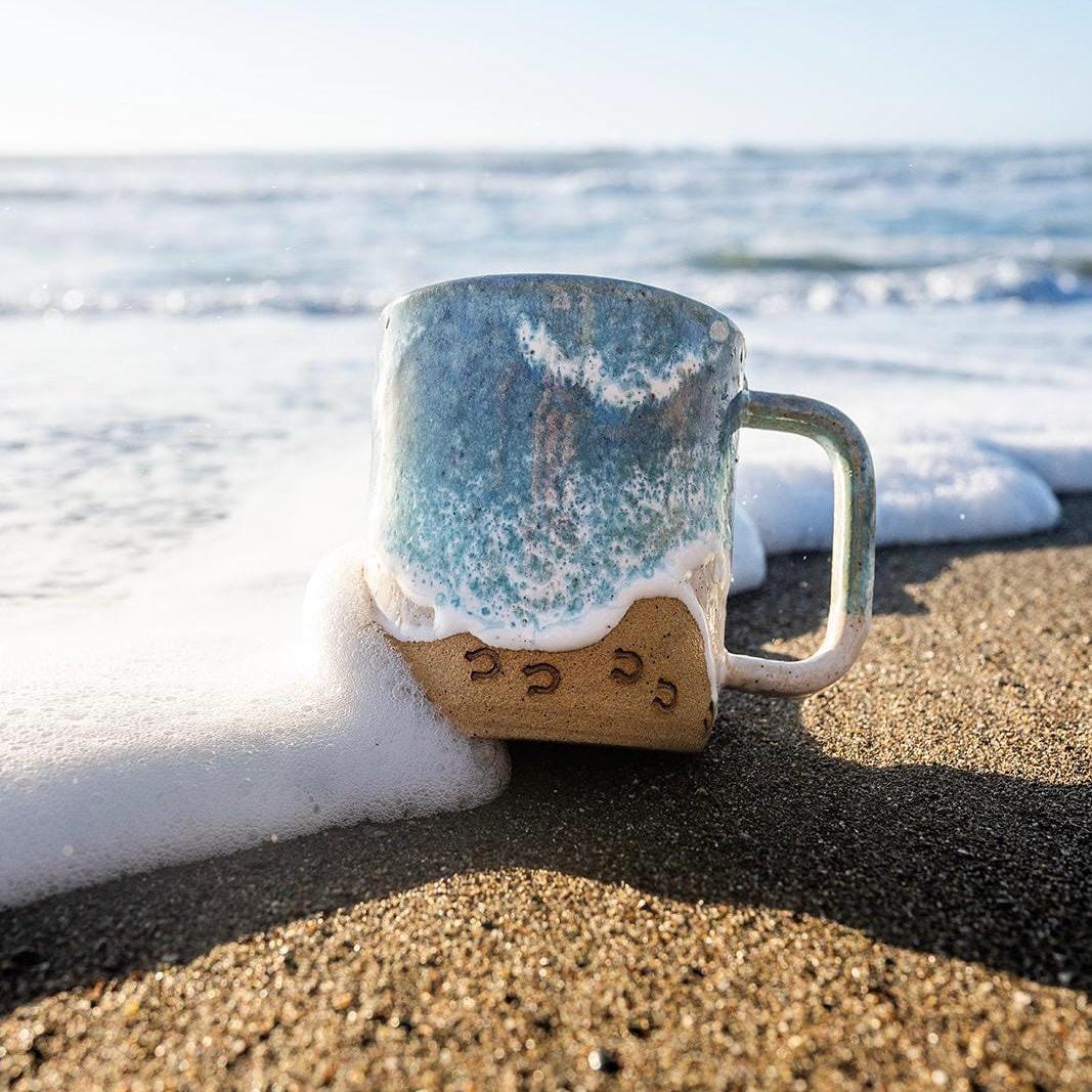 Handmade Horse Hoof Prints on the Beach Ceramic Mug: Ocean Shoreline Coffee/Tea Cup