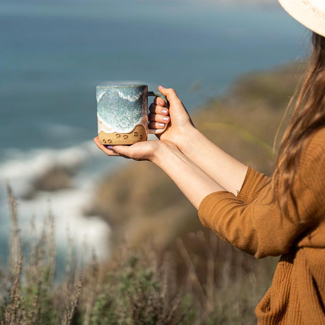 Handmade Horse Hoof Prints on the Beach Ceramic Mug: Ocean Shoreline Coffee/Tea Cup