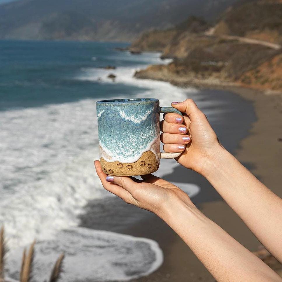 Handmade Horse Hoof Prints on the Beach Ceramic Mug: Ocean Shoreline Coffee/Tea Cup