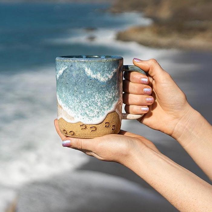 Handmade Horse Hoof Prints on the Beach Ceramic Mug: Ocean Shoreline Coffee/Tea Cup