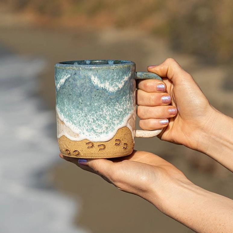 Handmade Horse Hoof Prints on the Beach Ceramic Mug: Ocean Shoreline Coffee/Tea Cup