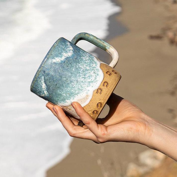 Handmade Horse Hoof Prints on the Beach Ceramic Mug: Ocean Shoreline Coffee/Tea Cup