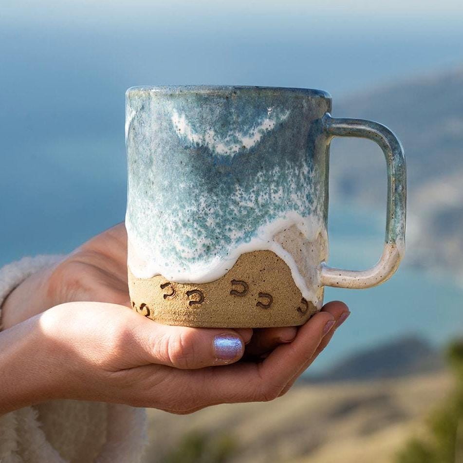 Handmade Horse Hoof Prints on the Beach Ceramic Mug: Ocean Shoreline Coffee/Tea Cup