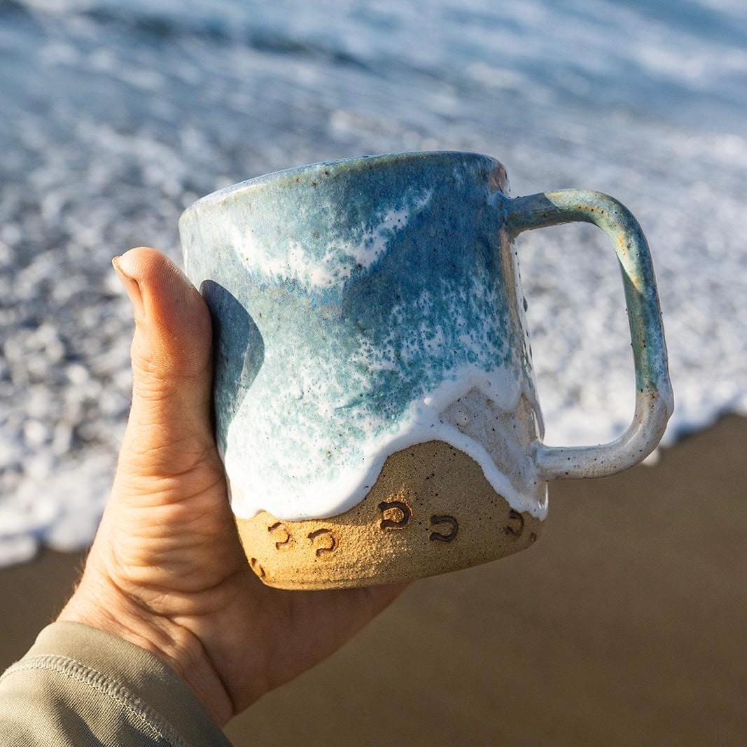 Handmade Horse Hoof Prints on the Beach Ceramic Mug: Ocean Shoreline Coffee/Tea Cup